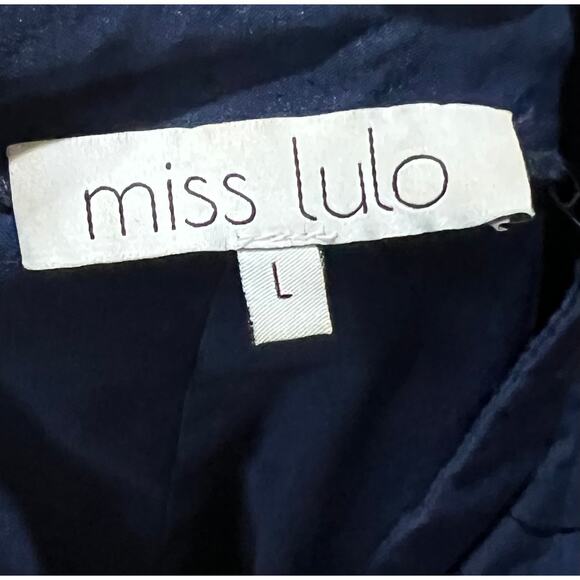 Miss Lulo Dress Navy Blue Midi Fit & Flare Pleated Short Sleeve Stretch Womens L - Picture 8 of 9